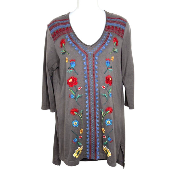 JW Los Angeles Johnny Was Embroidered Tunic Top‎ Gray V-neck ~ S - Picture 1 of 6